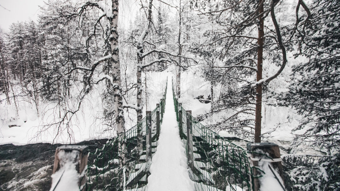 Bridge across Myllykoski rapids at Oulanka National Park Kuusamo Finland.